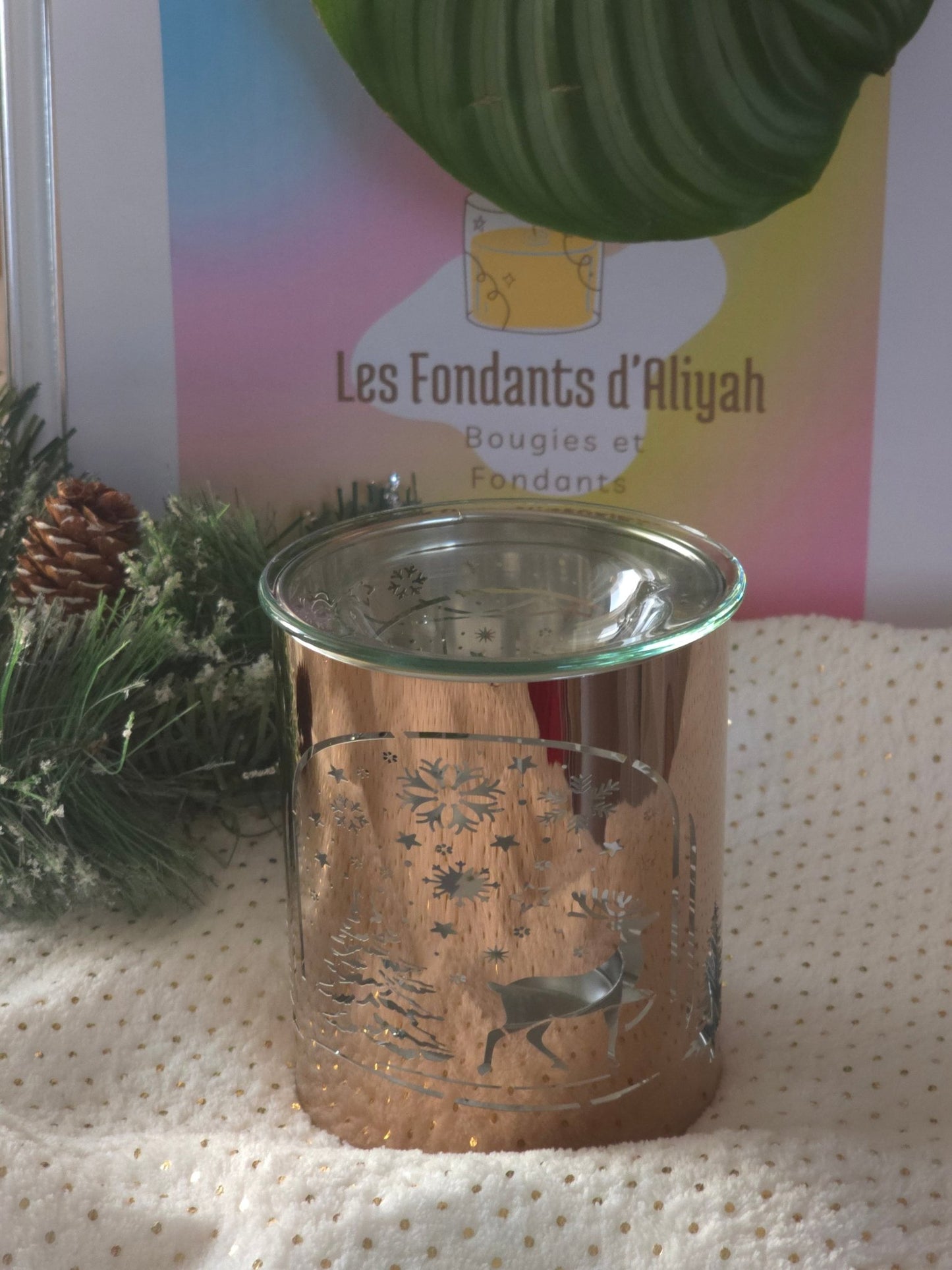Brûleur de cire parfumée Noël – Design Renne & Flocons – Effet Métallique – Ambiance Féérique - Les Fondants d'Aliyah - Brûle parfum