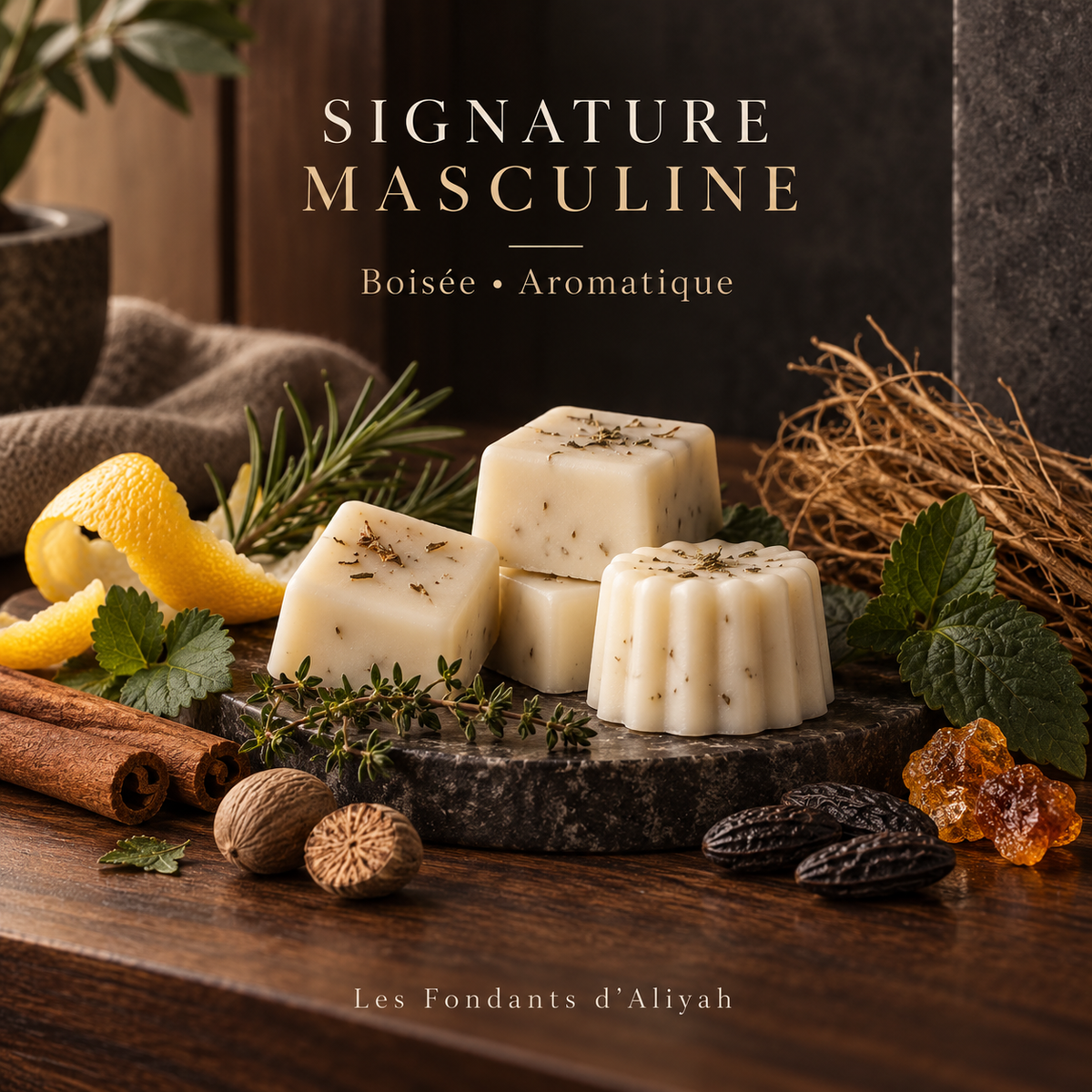 Fondants parfumés Signature Masculine aux notes boisées, aromatiques et épicées – Les Fondants d’Aliyah.