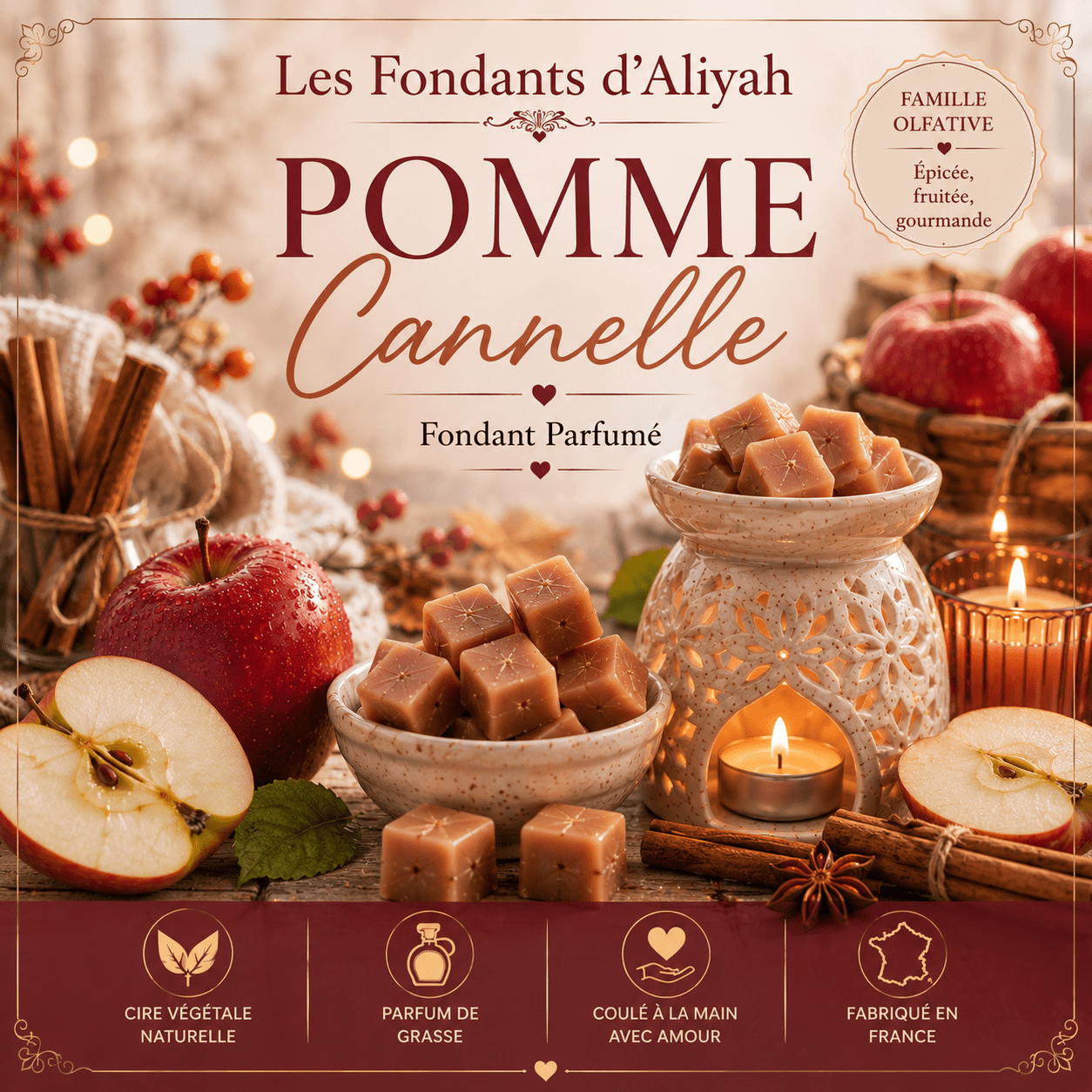Fondant parfumé Pomme Cannelle – Cire de coco - Les Fondants d'Aliyah-Fondant parfumé