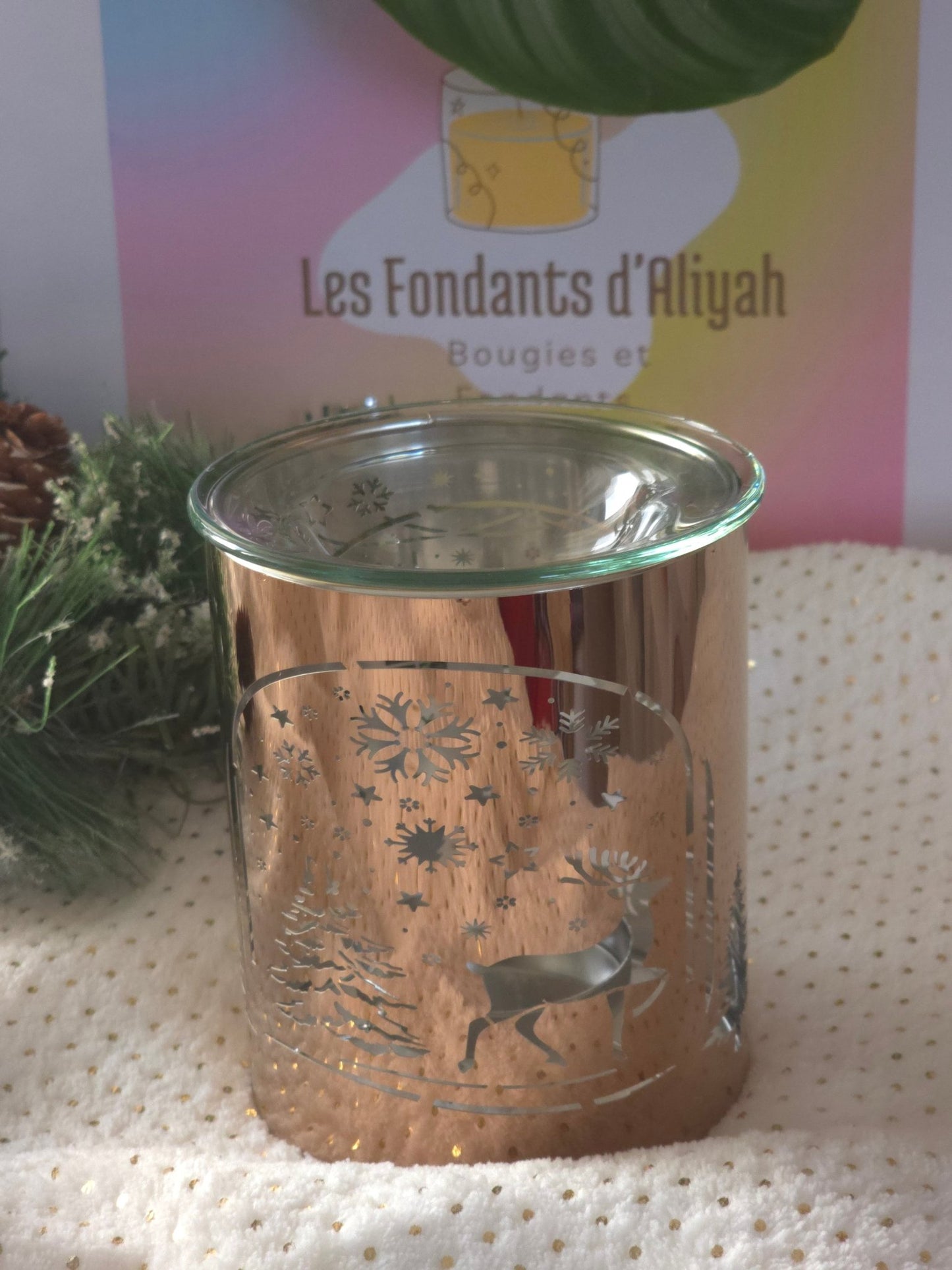 Brûleur de cire parfumée Noël – Design Renne & Flocons – Effet Métallique – Ambiance Féérique - Les Fondants d'Aliyah - Brûle parfum