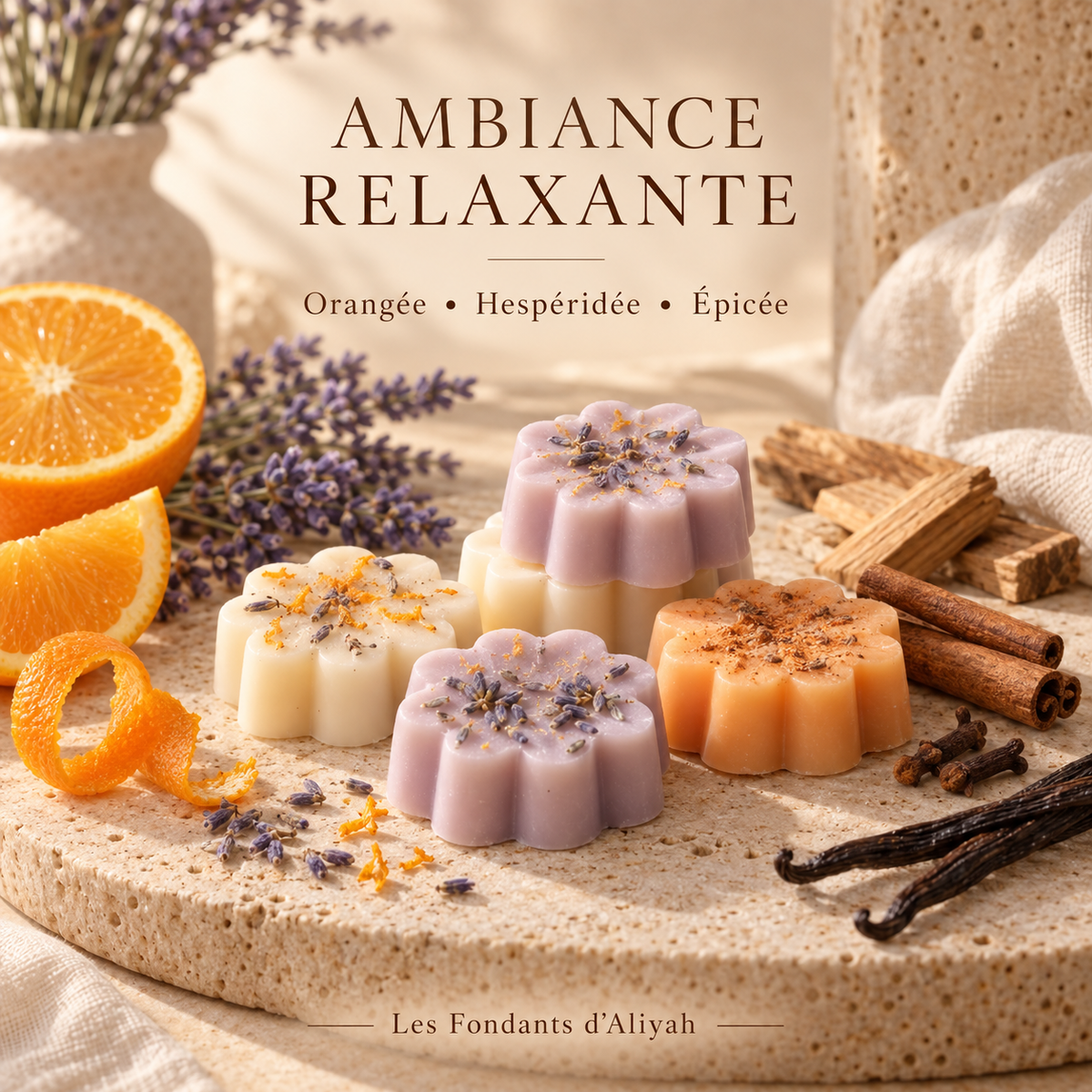 Fondants parfumés Ambiance Relaxante aux notes d’agrumes, de lavande et d’épices – Les Fondants d’Aliyah.
