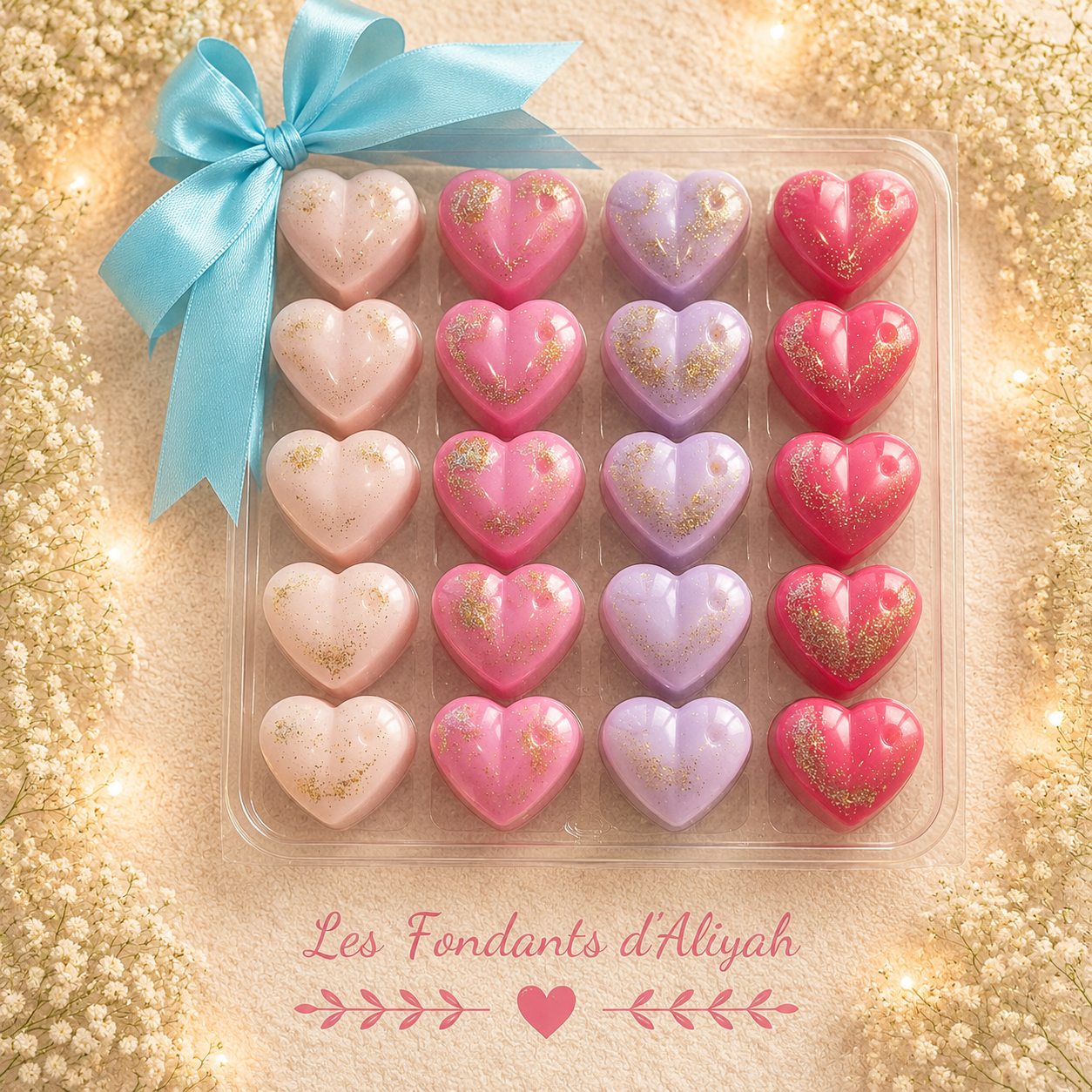 Coffret Clamshell – 20 Fondants Parfumés en Forme de Cœurs en cire végétale artisanale - Les Fondants d'Aliyah - Fondant parfumé